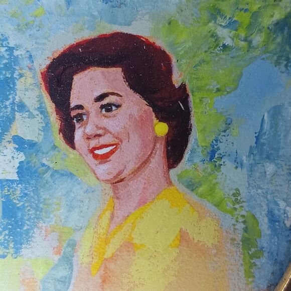 VTG 1963 Miniature Portrait Of Woman In Yellow Dress Blue Background Gold Frame - Picture 8 of 13